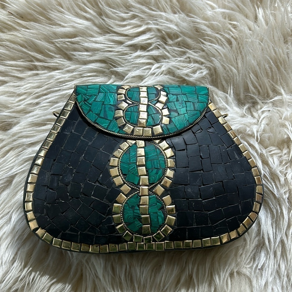 New RAMLA Porte-Moi mosaic handbag black emerald green with gold strap